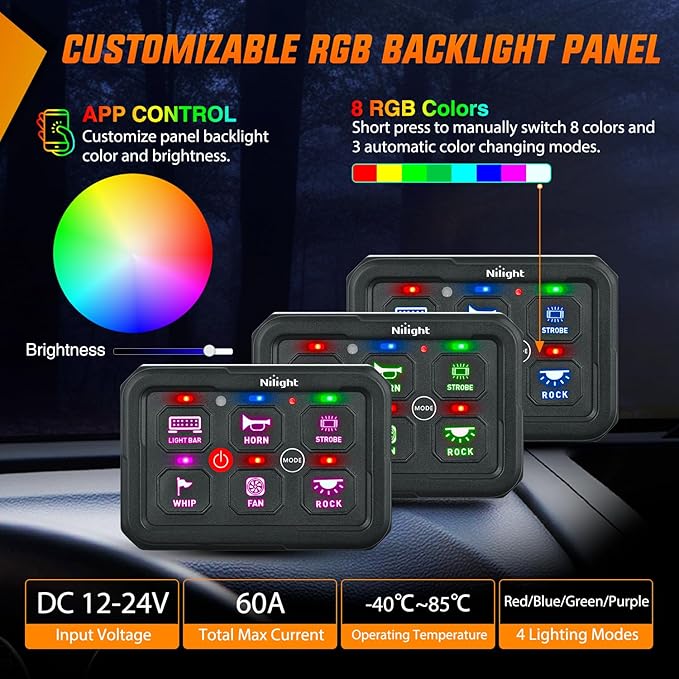 Nilight 6 Gang Switch Panel Circuit Control Relay System APP RGB Backlight Fuse Wiring Harness Toggle Momentary Strobe Flash Modes Automatic Dimmable 12V 24V for Car Truck Camper SUV