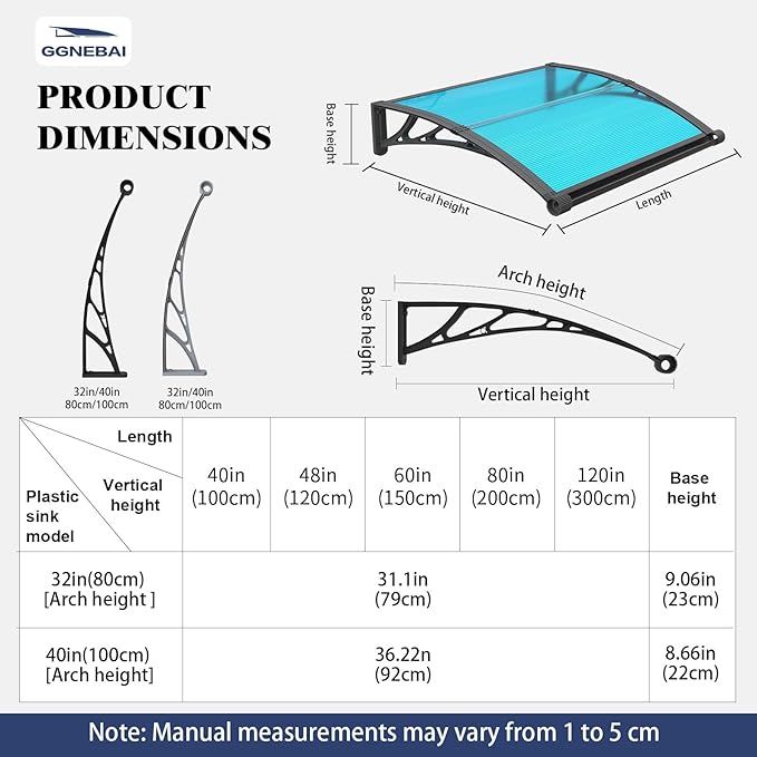 Awning for Door Entrance with Drainage Sink,32ｘ40 Inch Awnings for Doors,Window Canopy Exterior with Plastic Steel Bracket,Polycarbonate Cover,UV,Rain,Snow Protection for House,Porch,Patio,Deck