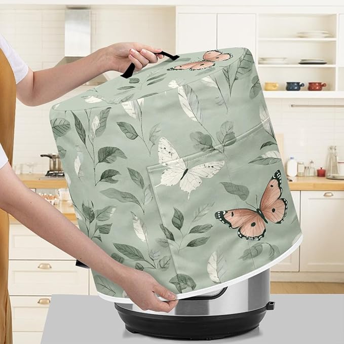 Dust Cover for 8 Quart Pressure Cooker Cover Dust Protection Easy Cleaning Electric Appliance Air Fryer with Pocket Home Decor, Butterfly Leaf Green