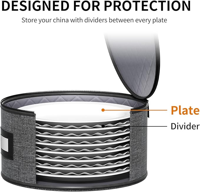 Aokeyee 4-Piece Plate Storage Box, Hard Shell Storage Containers with 48 Soft Dividers for Saucer, Dessert, Salad & Dinner Plates, Sturdy Quilted Stackable Dish Organizer for Moving & Protection, Grey