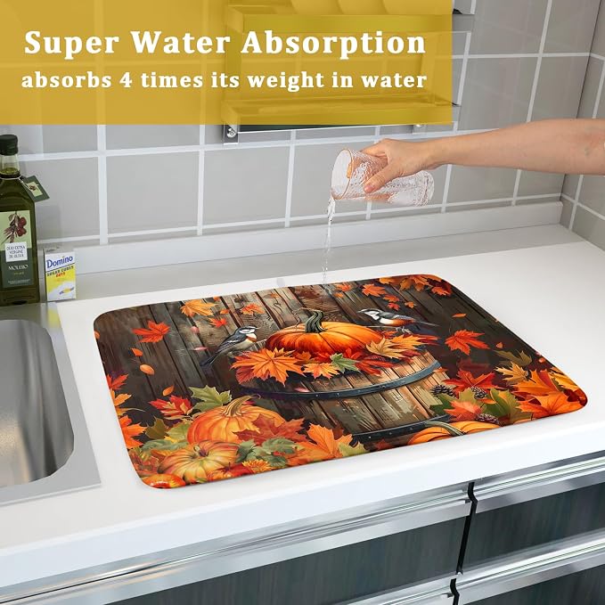 Fall Pumpkin Dish Drying Mat for Kitchen Counter 18x24 Inch Autumn Maple Leaves - Image 7