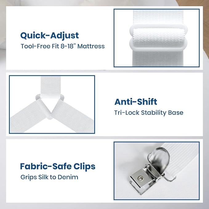 FeelAtHome Adjustable Bed Sheet Clips & Corner Fasteners, 4 Pack, RV & Bunk Beds - Image 2