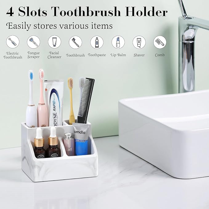 Luxspire Diatomite Toothbrush Holder, 4 Slots, Marble White | Fast Drying - Image 2