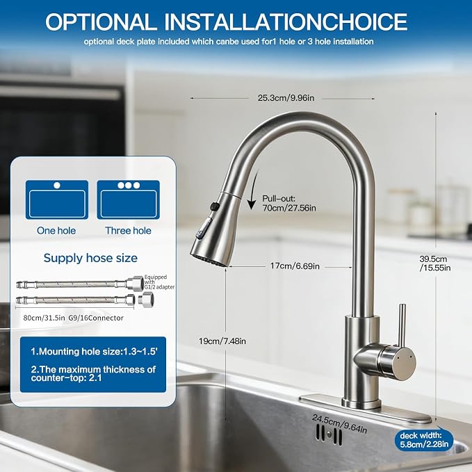 Kitchen Faucet with Pull Down Sprayer，Brushed Nickel, Kitchen Sink Faucet，High - Image 7