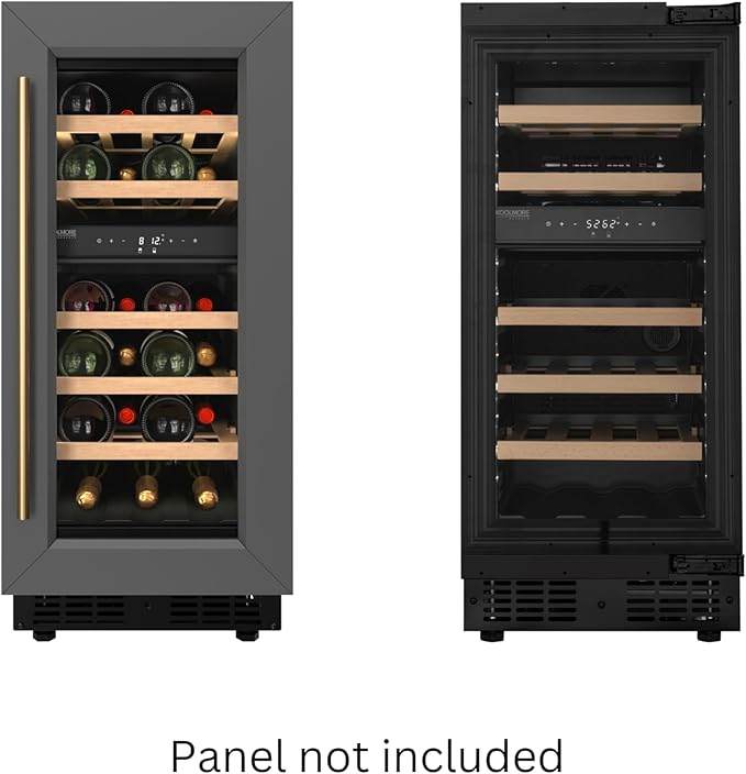KoolMore Reserve 15 in. Under-Counter Panel Ready Dual Zone Built-in Wine Cooler with 23 Bottle Capacity and Wooden Shelves in Black, ETL Listed (KM-CW28DZ-WPR)