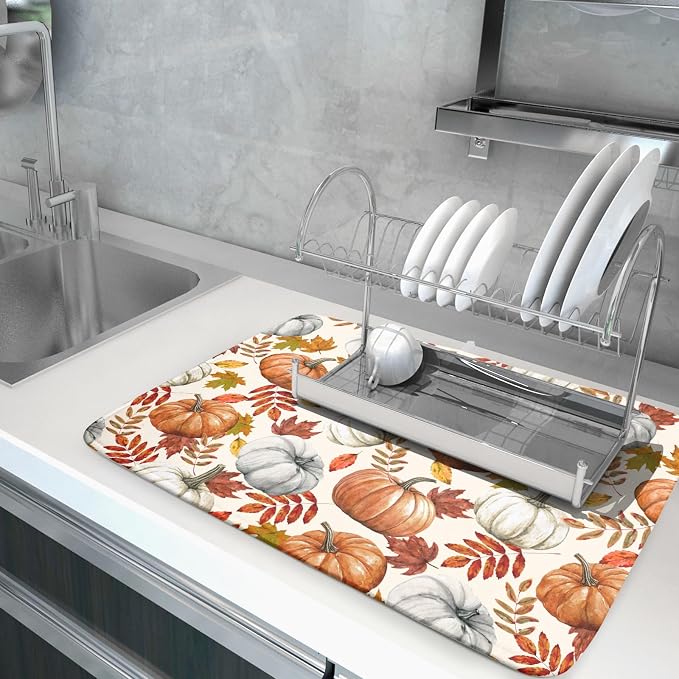 Fall Dish Drying Mat for Kitchen Counter 18x24 Inch Fall Pumpkin Kitchen Mat - Image 5