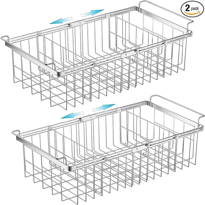 Orgneas Chest Freezer Organizer Bins with Dividers, Large Capacity Deep Freezer Baskets Expandable From 15.5" to 24.5" with Removable Divider Sheets for Easy Sort and Organize Frozen Food, 2Pcs