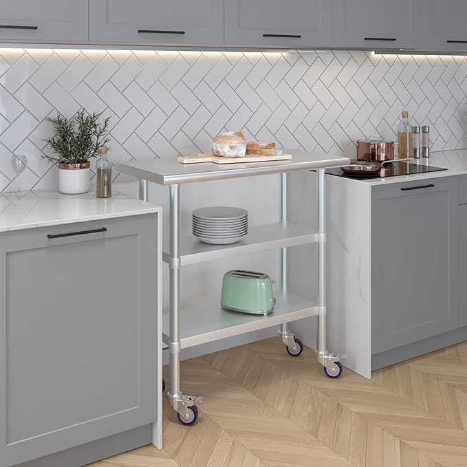 AmGood Stainless Steel Work Table with 2 Shelves and Casters | Metal Utility Table On Wheels (Stainless Steel Work Table with 2 Shelves + Casters, 36" Long x 18" Deep)
