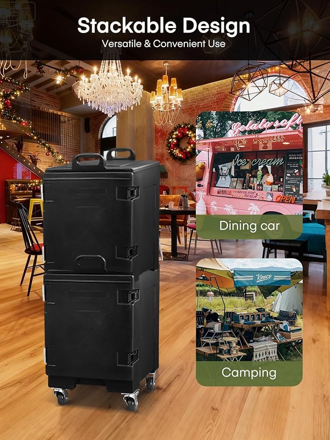 Catering Food Warmer, 82Qt Front Loading Hot Box for Catering, LLDPE Insulated Food Pan Carrier for 5 Full-Size Pan, w/Wheels, Stackable, Handles, Hot Box Food Warmer for Camping, Restaurant