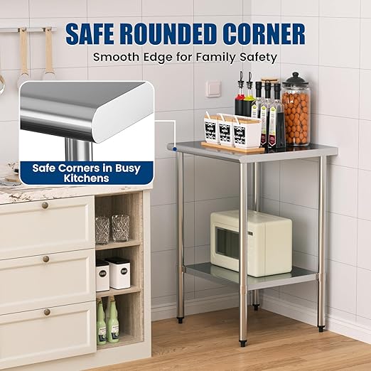 Stainless Steel Work Table 24 x 24 Inch with Adjustable Undershelf, Heavy-Duty Metal Prep Table for Commercial Kitchen & Restaurant, Garage, Outdoor