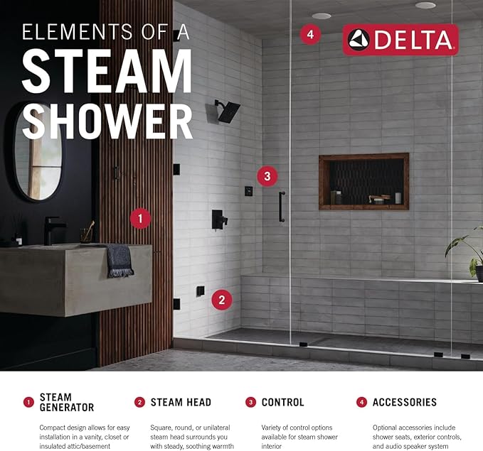 Delta Faucet SimpleSteam 6kW Steam System Kit Brushed Nickel, Includes 6kW Steam System Generator, Square Digital System Control, Square Steam Head, Lumicoat Stainless 5P-EST06-SS-PR