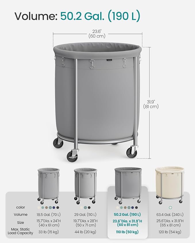 SONGMICS Laundry Basket with Wheels, Steel Frame, Removable Bag - Image 7