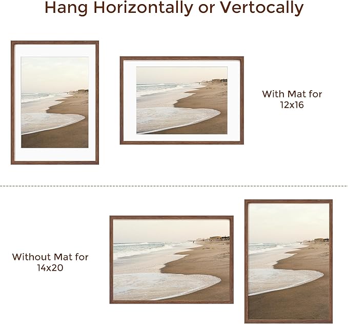 Fun Memories 14x20 Picture Frame, Solid Oak Wooden 14"x20" Photo Frame for Wall, 14 x 20 Frame Matted to 12 x 16, Tempered Real Glass, 14 x 20 Collage Gallery Frames (Walnut Color, 1 Pack)