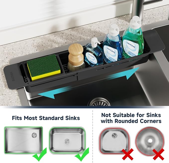 NiHome Extendable Kitchen Sink Caddy Extra Long Brush Sponge Storage Holder - Image 5
