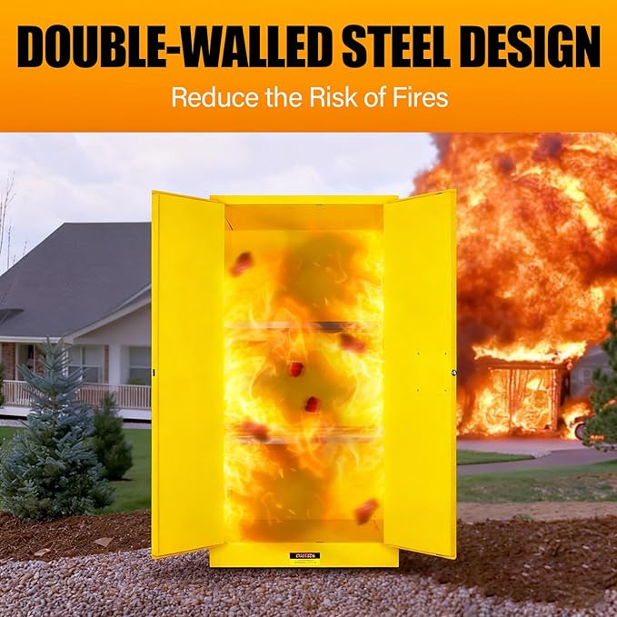 Flammable Safety Cabinet 34" x 34" x 65" Yellow, Cold-Rolled Steel OSHA Compliant Explosion Proof Cabinet, 2 Adjustable Shelves & Vent Design for Commercial Warehouses, Lab & Industrial Facilities