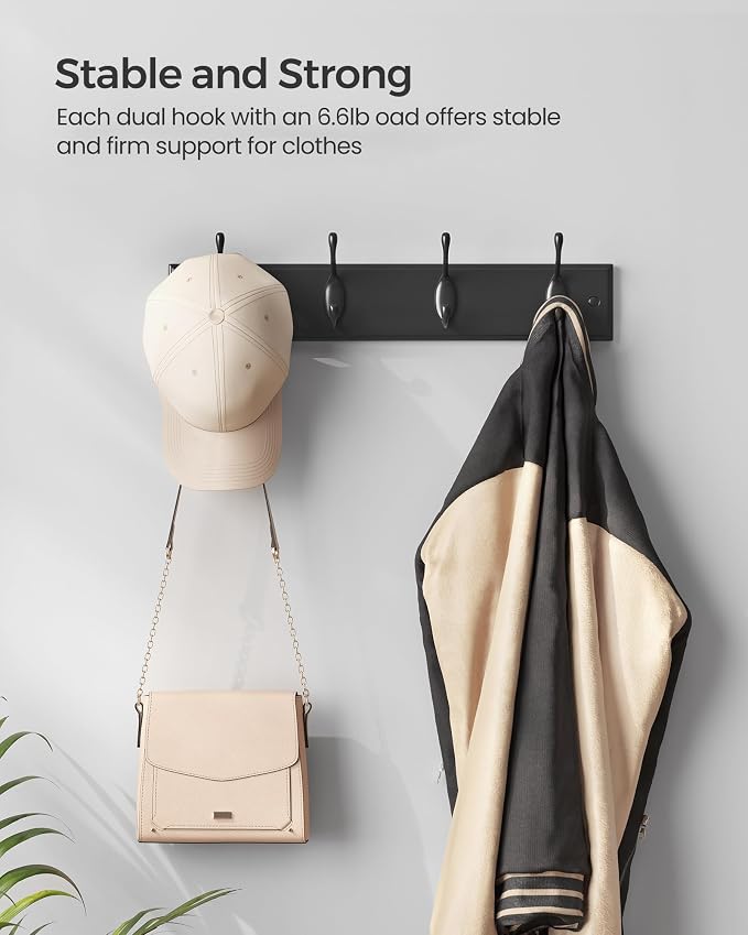 SONGMICS Wall-Mounted Coat Rack, Hook Rack, 4 Dual Metal Hooks, in the Entryway - Image 5