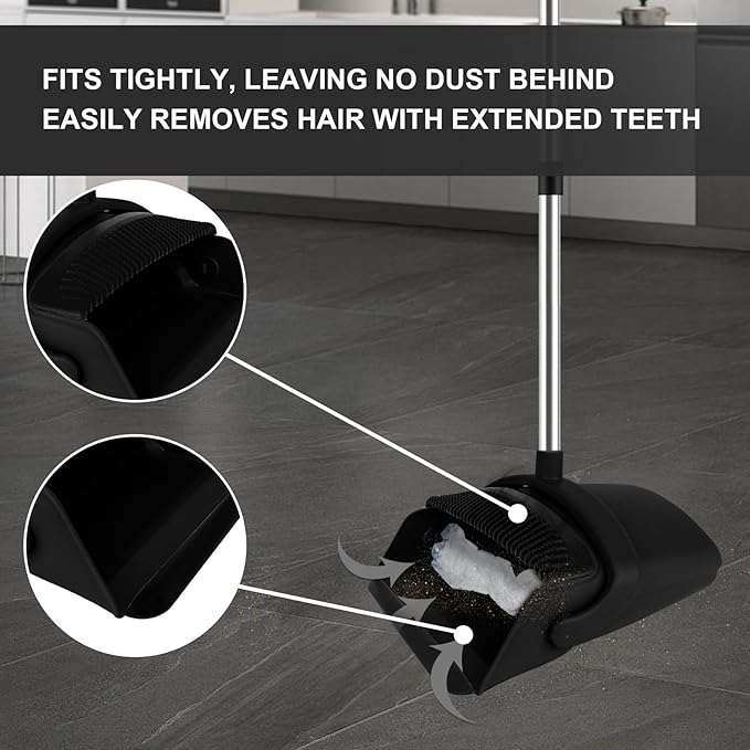 Black Broom and Dustpan Combo Set, Built-in Comb Dustpan, Space-Saving Storage - Image 5