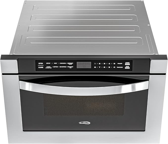 KoolMore 24 Inch Stainless-Steel Microwave Drawer with 1.2 cu. ft. Capacity, 1000W Power with 10 Custom Cooking Levels, Memory, and Timer Functions, Wall-Mounted with Flat Bottom (KM-MD-1SS)