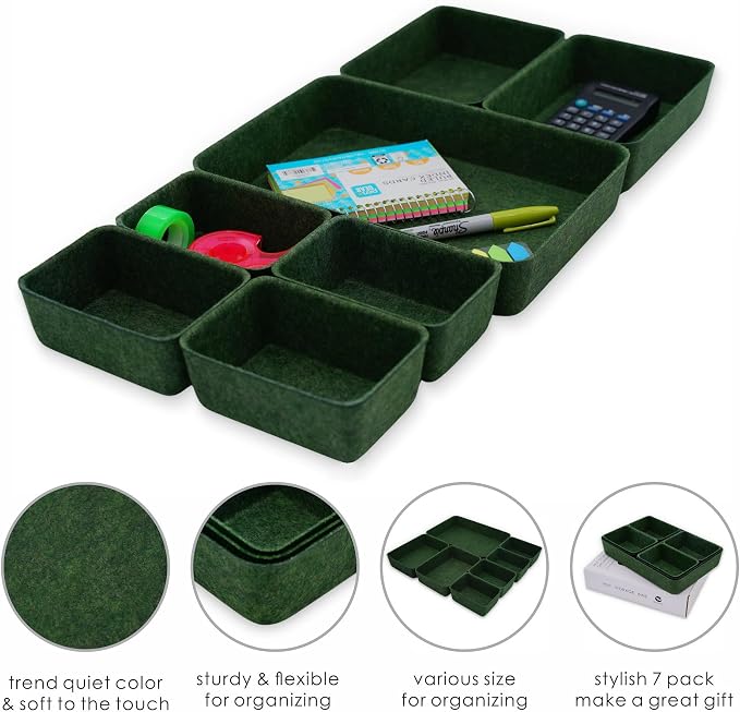 7-Piece Felt Drawer Organizer Bins, Dividers Tray Set, Forest Green - Image 4