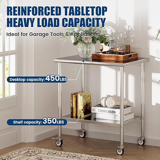 Stainless Steel Work Table with Wheels, 24x36 Inch NSF Kitchen Prep Table with Adjustable Undershelf for Commercial Restaurant, Garage, Outdoor BBQ