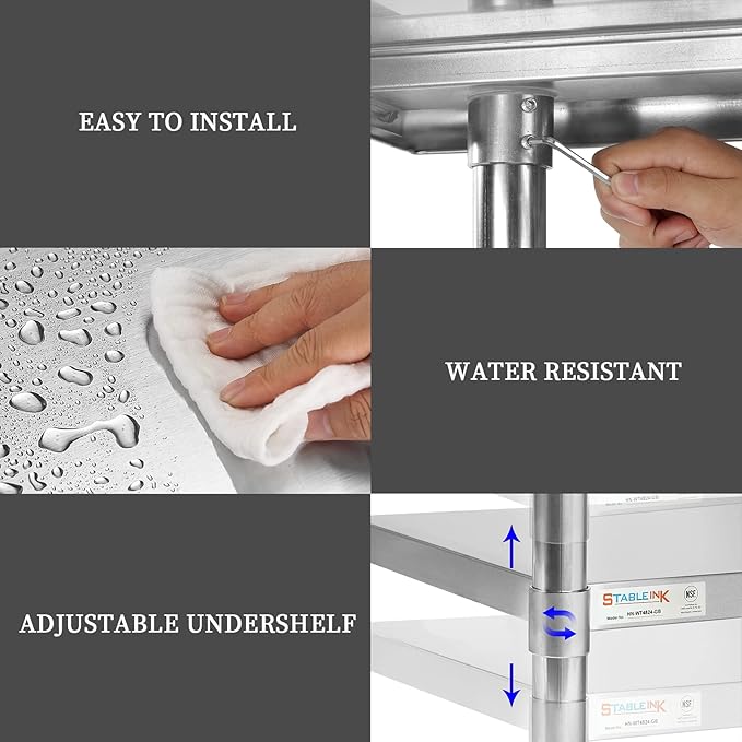 STABLEINK Stainless Steel Table with Wheels 24 x 60 Inches 5ft, NSF Commercial Prep & Workbench with Adjustable Undershelf and Casters, for Commercial Kitchen, Restaurant, Hotel,Laundry and Garage
