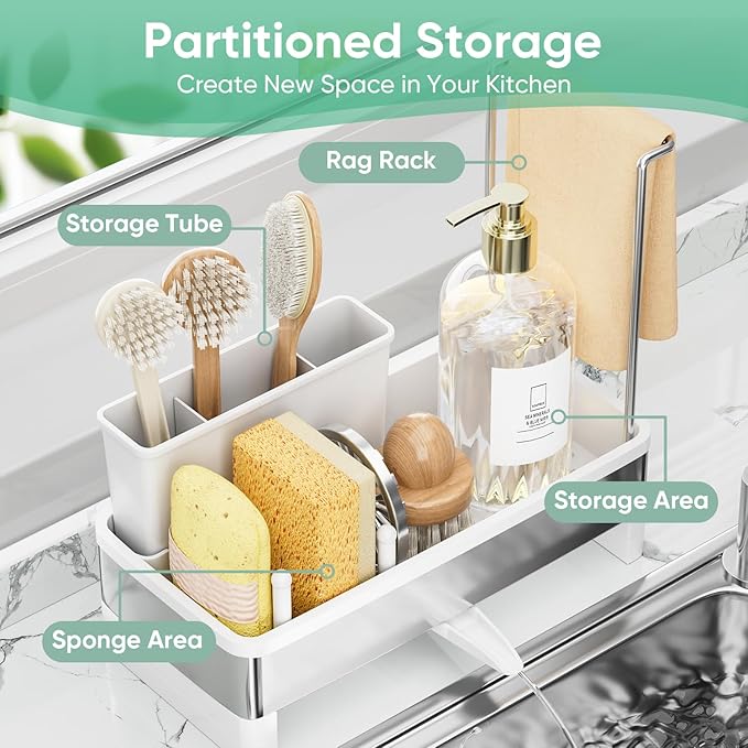VUSIGN Sponge Holder for Kitchen Sink, Sink Caddy Organizer with Brush Holder, Rustproof Stainless, Self-Draining Sink Organizer for Countertop, Sponges, Brushes, Kitchen Decor and Accessories, White