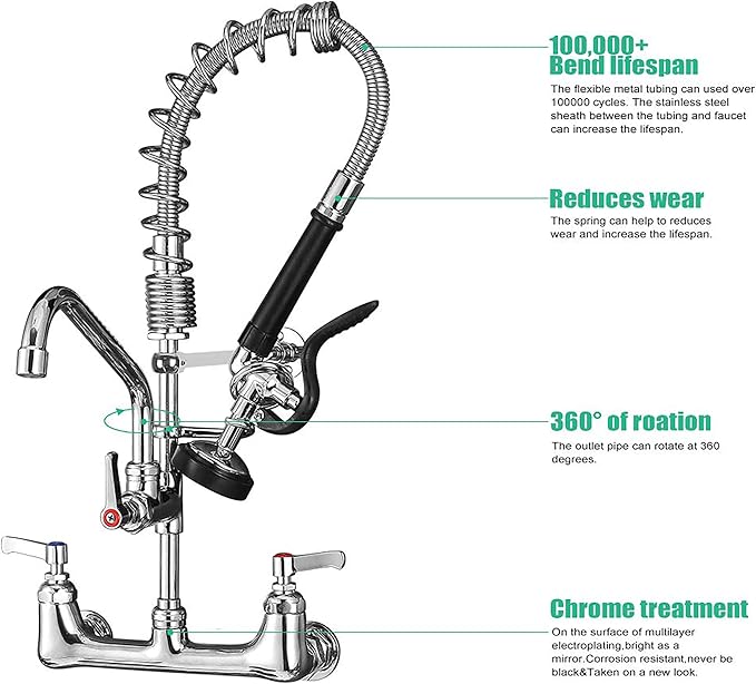 Commercial Faucet with Sprayer 21" Height 8" Center Wall Mount Kitchen Sink Faucet Brass Constructed Polished Chrome Pre-Rinse Device with Spring and 8" Add-on Spout