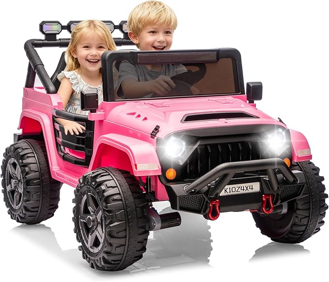 2 Seater Ride on Car Toy for Kids, 24V 4x4 Ride-on Truck, w/Parent Control, Soft Start, 3 Speed, 4-Wheeler Suspension, Bluetooth, LED Lights, Electric Car for Kids Toddler Ages 3-8, Pink