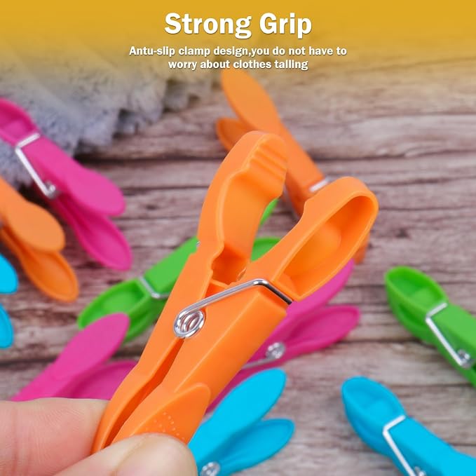 60 Pack Clothes Pins, Colored Plastic Clothespins, Strong Grip Laundry Clips - Image 2
