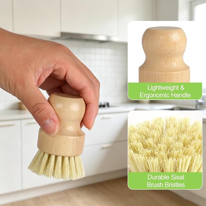 Bamboo Dish Brush Set with Holder, 2 Sisal & 1 Palm Scrub Brush | Natural - Image 3