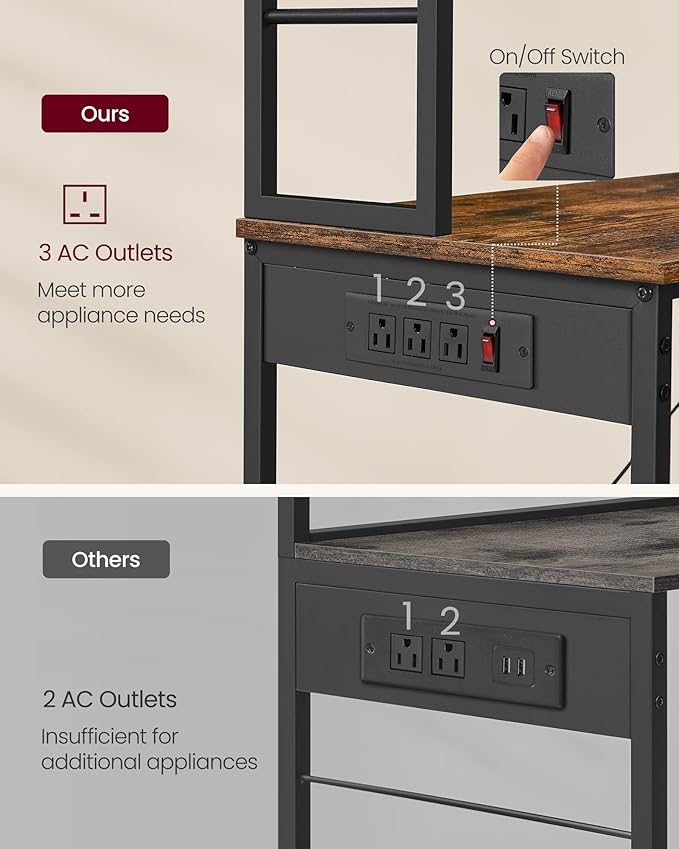 VASAGLE Bakers Rack with Power Outlet, 23.6 Inches Coffee Bar for Kitchen with Storage, 6-Tier Kitchen Shelves with 6 Hooks, Microwave Stand, Industrial, Rustic Brown and Ink Black UKKS124K03