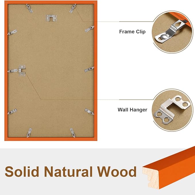 Vittanly 11x17 Picture Frame, Solid Wood Frame with Plexiglass, Includes 8x12 Mat, Wall Hanging for Photos, Home Decor, Orange, 1 Pack