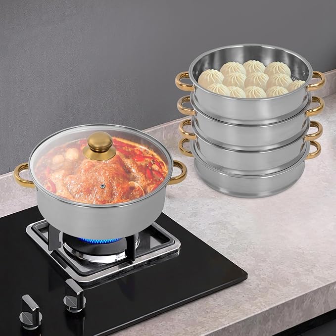 Stainless Steel Steamer Pot, 10.3-Inch Steamer for Cooking, 5-Tier Food Steam Pots with Lid for Cooking Vegetables, Seafood, Soups, Stews, Dumplings and Pasta