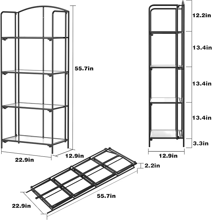 Crofy No Assembly Folding Bookshelf for Living Room, 4 Tier Black Collapsible Book Shelf for Home Office, Portable Bookcase Storage Organizer