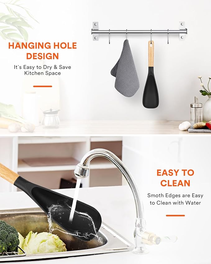Cooking Spoon for Nonstick Cookwares, Great for Cooking and Serving Sturdy BPA-Free Matte Silicone, Wood Handle Spoon for Mixing, Scoop, and Scrape (BLACK, 11.4 inch)