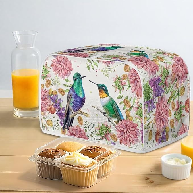 Hummingbird Floral Print Toaster 4 Slice Cover Fingerprint Protection Waterproof Toaster Dust Cover Kitchen Accessories Decor