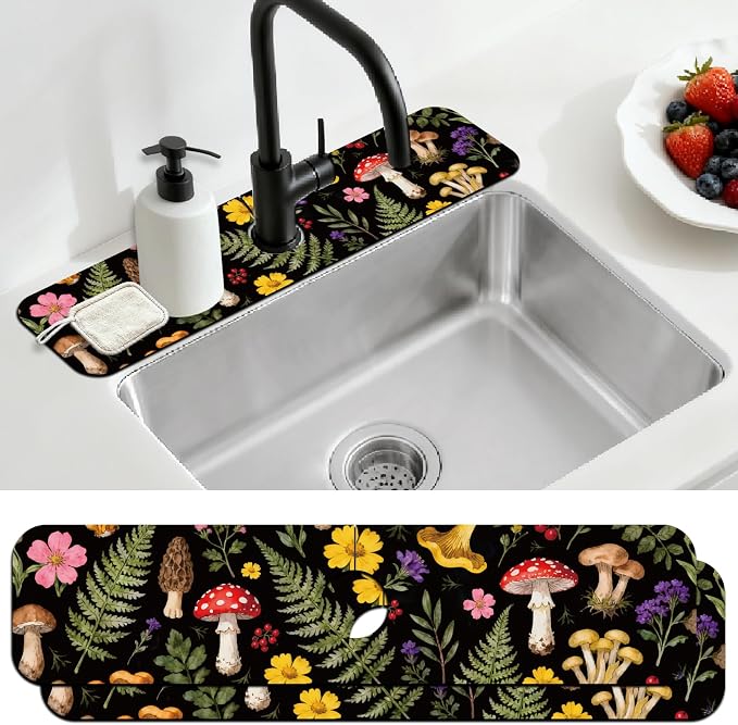 2 Pcs Kitchen Sink Splash Guard Faucet Mat Colorful Mushrooms and Flowers by CONCHLERY%E6%97%97%E8%88%B0%E5%BA%97