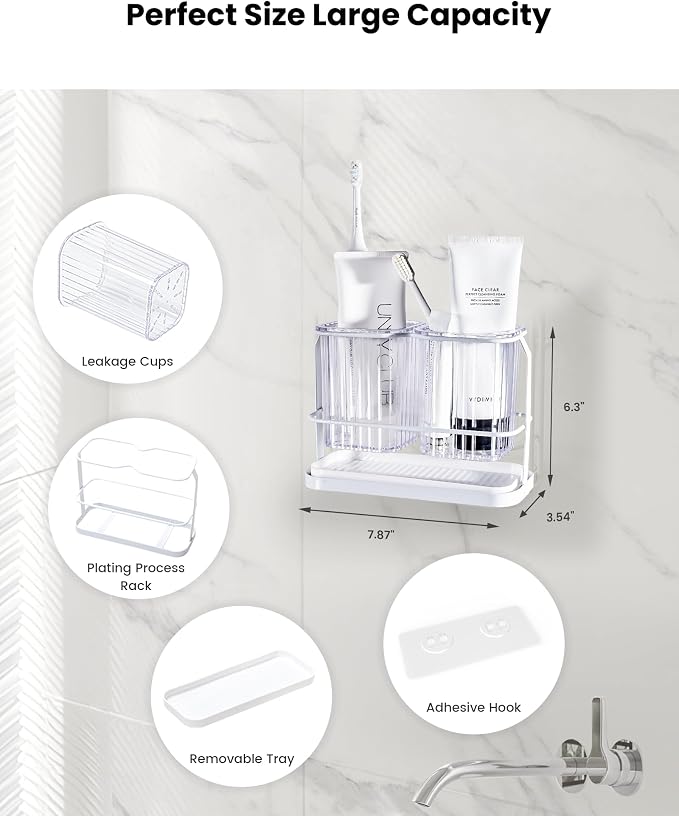 Clear Toothbrush Holders for Bathroom, 2 Cups Wall Mounted, Dry & Wet Separation - Image 2