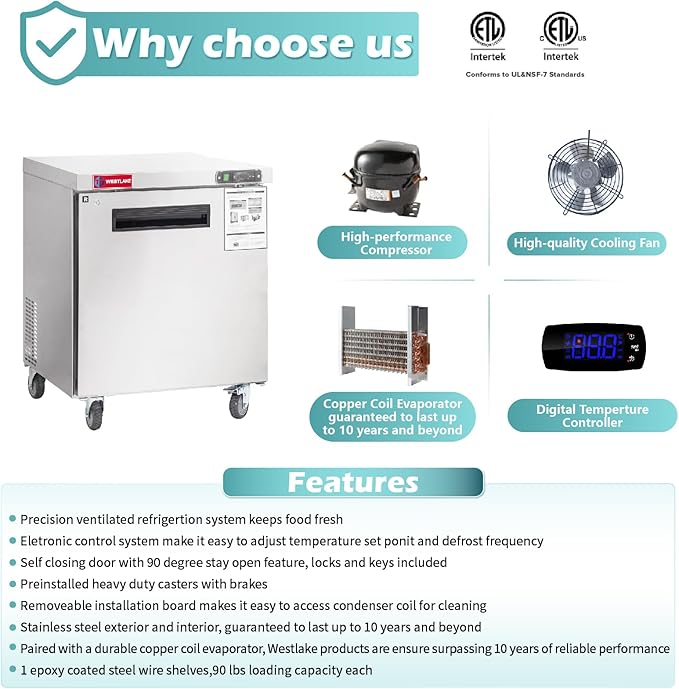 WESTLAKE 28" W Commercial Freezer Worktop Undercounter Freezer 6.4 Cu.ft Single Door Stainless Steel Counter Fan Cooling Freezer Food Prep Station for Restaurant, Bar