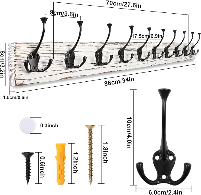 IBosins Vintage White Wall Mounted Coat Rack, Wooden Coat Hanger Wall Mount - Image 7