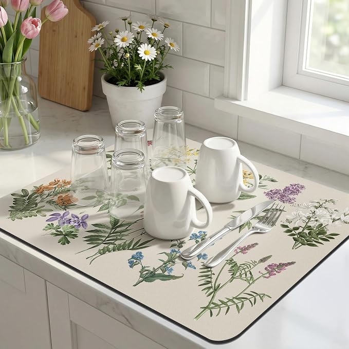 LOKHOM 16"x20" Dish Drying Mat，Vintage Sage Flower Herb Coffee Mat | Ultra - Image 5