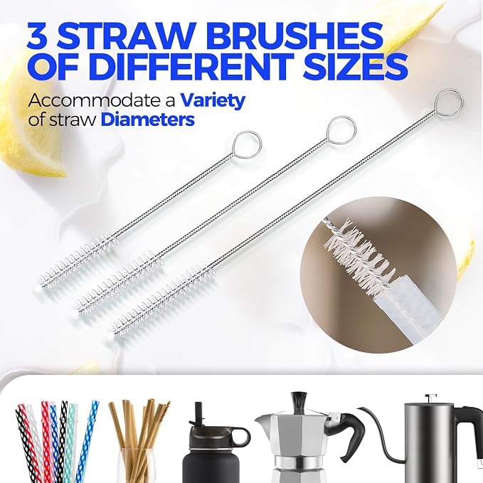 Holikme 5 Pack Bottle Brush 14" Stainless Steel Straw Cleaner Brush, 3 Straw - Image 4