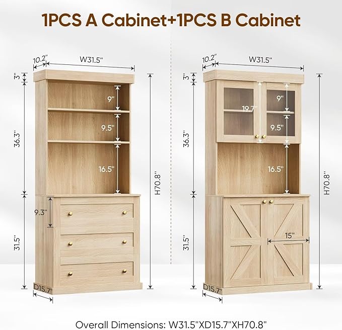 71" Tall Farmhouse Kitchen Pantry, Large Storage Cabinet with Glass Doors and Drawers, Freestanding Coffee Bar Hutch with Microwave Stand, Adjustable Shelves for Kitchen, Living Room, Brown 2 Pcs