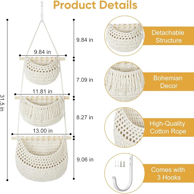 Macrame 3-Tier Hanging Wall Basket, Handwoven Jute Storage Organizer, Boho Decor - Image 2