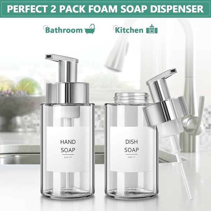 RYTOXILO Glass Soap Dispenser, 10 oz/300ml Foaming Soap Dispenser, 2 Pack - Image 2