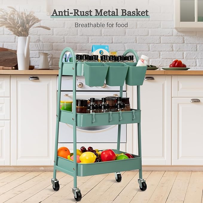 danpinera 3-Tier Rolling Cart, Utility Cart Mobile Metal Rolling Storage Cart with Lockable Wheels & Hanging Cups & Hooks for Kitchen, Bathroom, Office, Workshop, Green