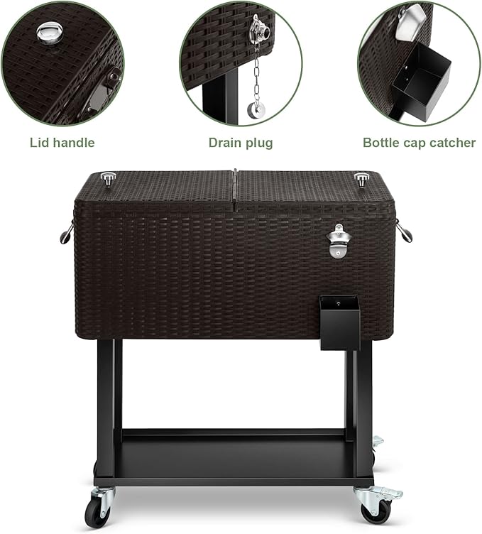 EDOSTORY 80 Quart Rolling Ice Chest Cooler Cart,Patio Backyard Party Drink Beverage Bar Stand Up Cooler Trolley with Ice Scoop