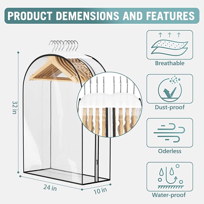 Liuoud Clear Garment Bags for Hanging Clothes 10” Gusseted, 6 Pack, 32” | Suit - Image 5