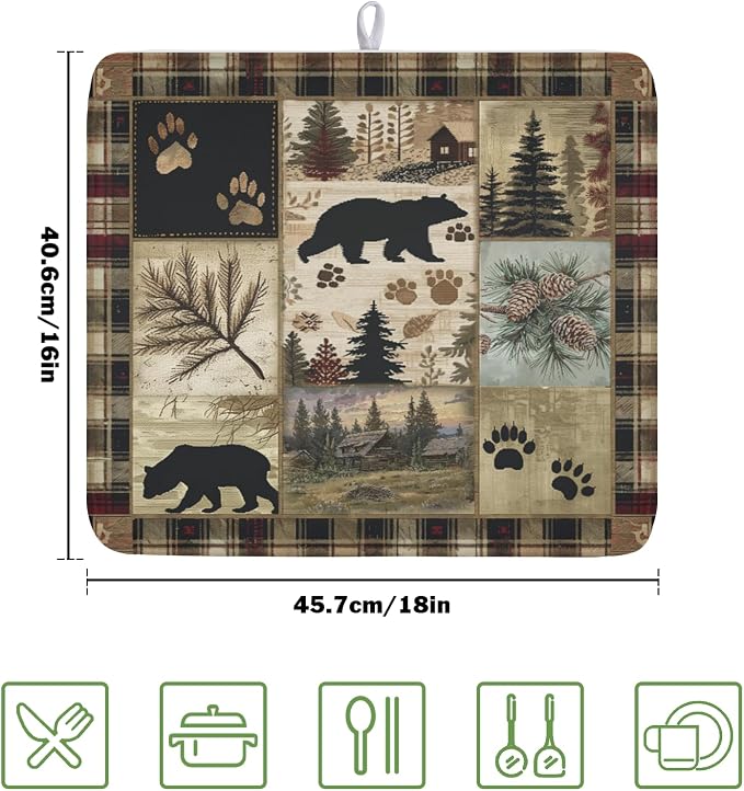 Giwawa Black Bear Dish Drying Mat Forest Cabin Decorative Dishes Pad 16x18 Inch - Image 2