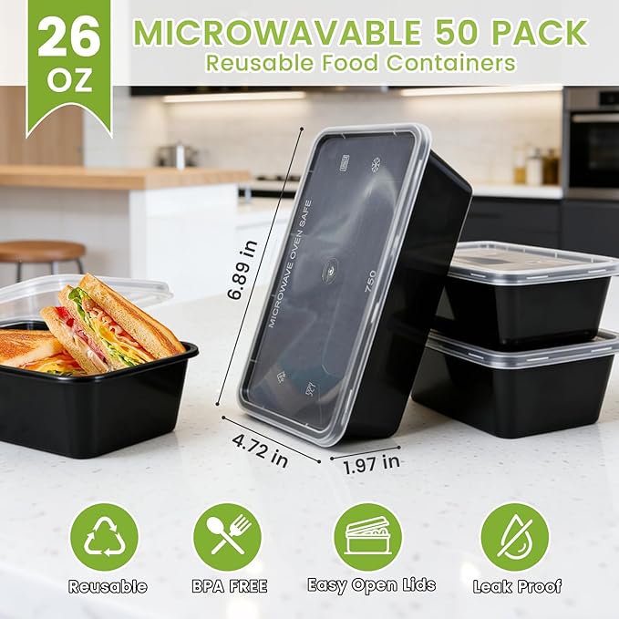 50-Pack Meal Prep Containers, Single Compartment - Image 2